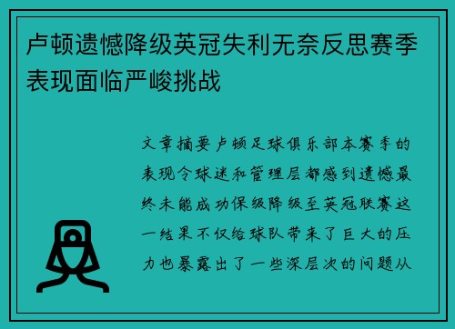 卢顿遗憾降级英冠失利无奈反思赛季表现面临严峻挑战